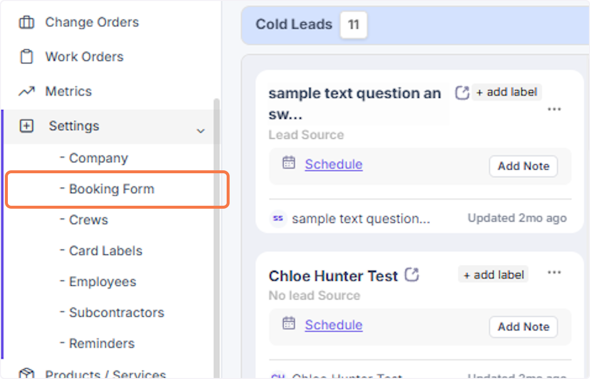 Settings menu expanded with Booking Form highlighted