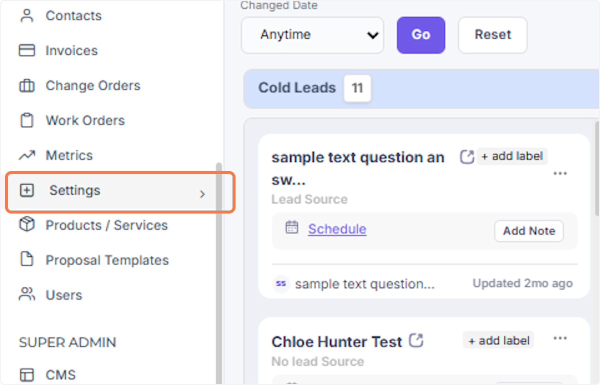 DripJobs sidebar with Settings highlighted