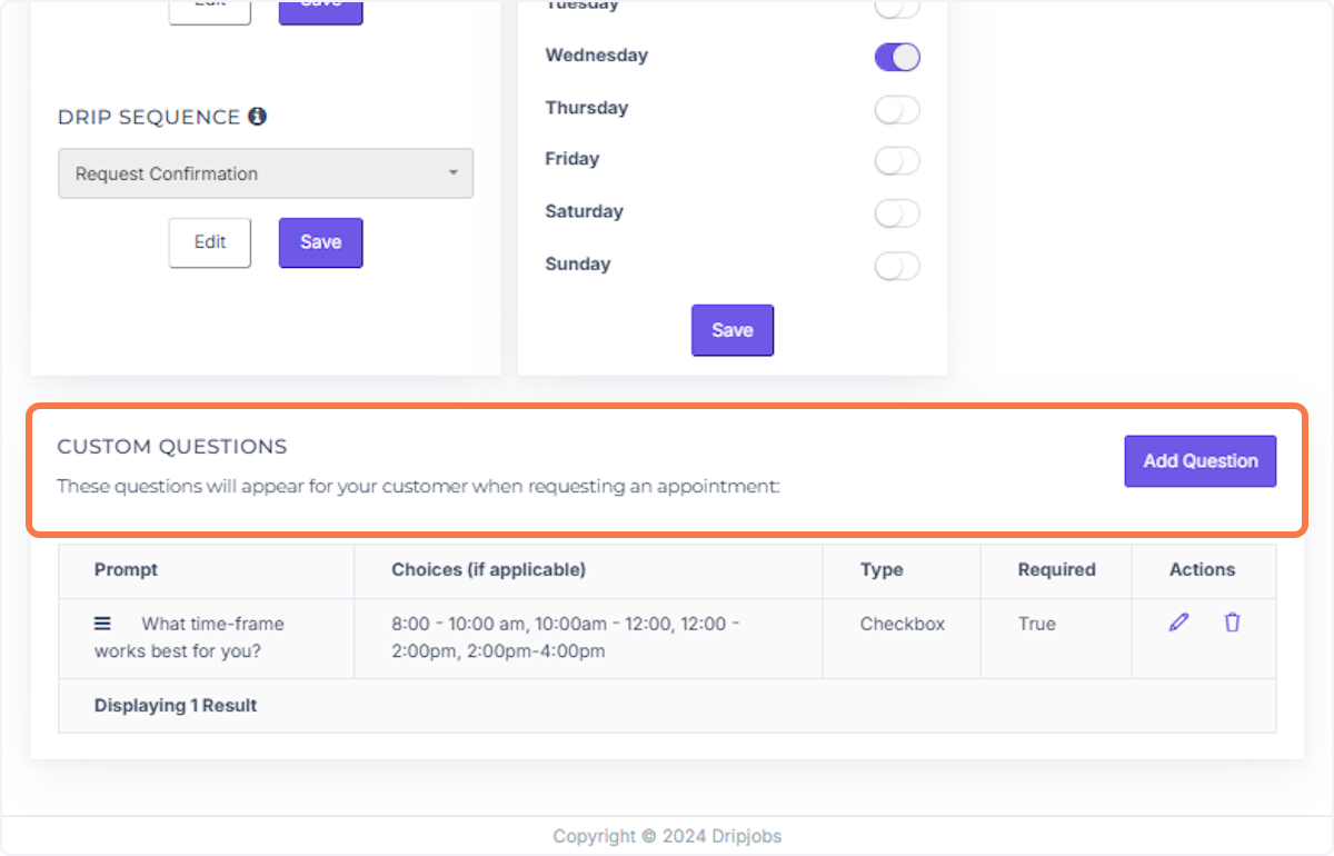 Booking form settings showing availability days and custom questions